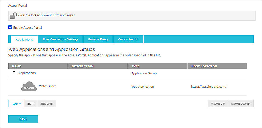 Screenshot of Firebox, Firebox Access Portal config 2